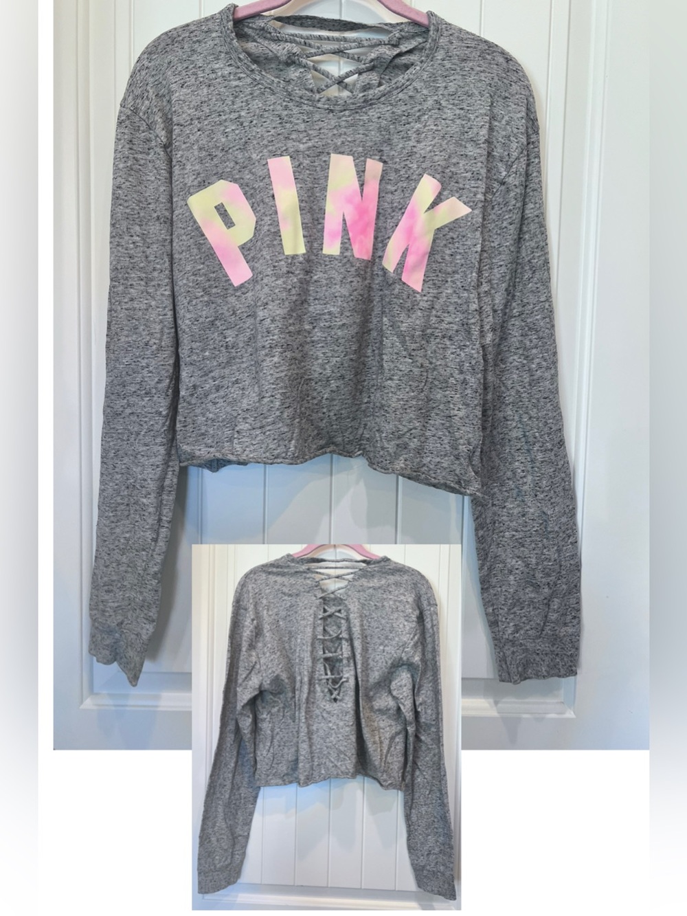 PINK Victoria's Secret Heather Gray Pink Logo Criss Cross Back Cropped Tee Lrg